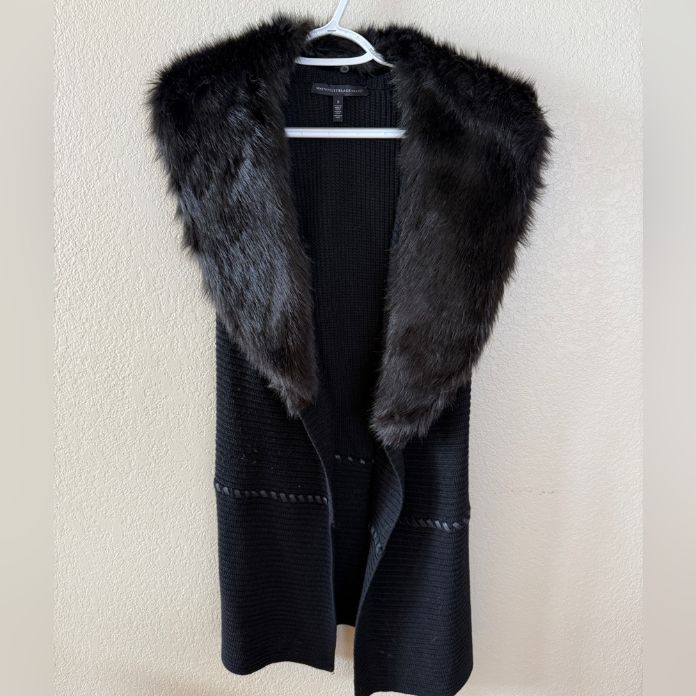 White House Black Market Black Faux Fur-Trim Sleeveless Knit Vest